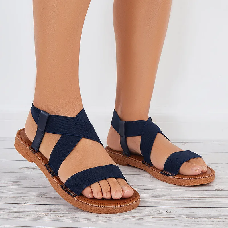 Sohiwoo Women Women Wide Elastic Ankle Strap Flat Sandals Criss Cross Strappy Sandals