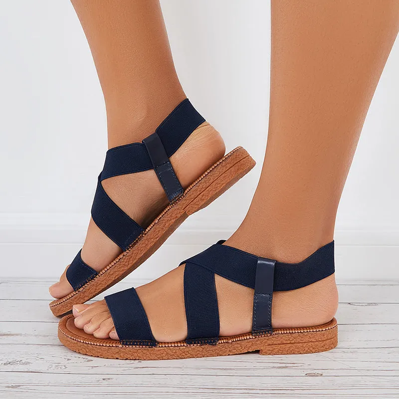 Sohiwoo Women Women Wide Elastic Ankle Strap Flat Sandals Criss Cross Strappy Sandals