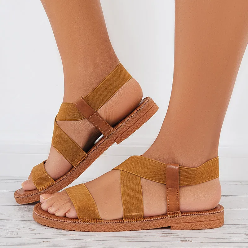 Sohiwoo Women Women Wide Elastic Ankle Strap Flat Sandals Criss Cross Strappy Sandals