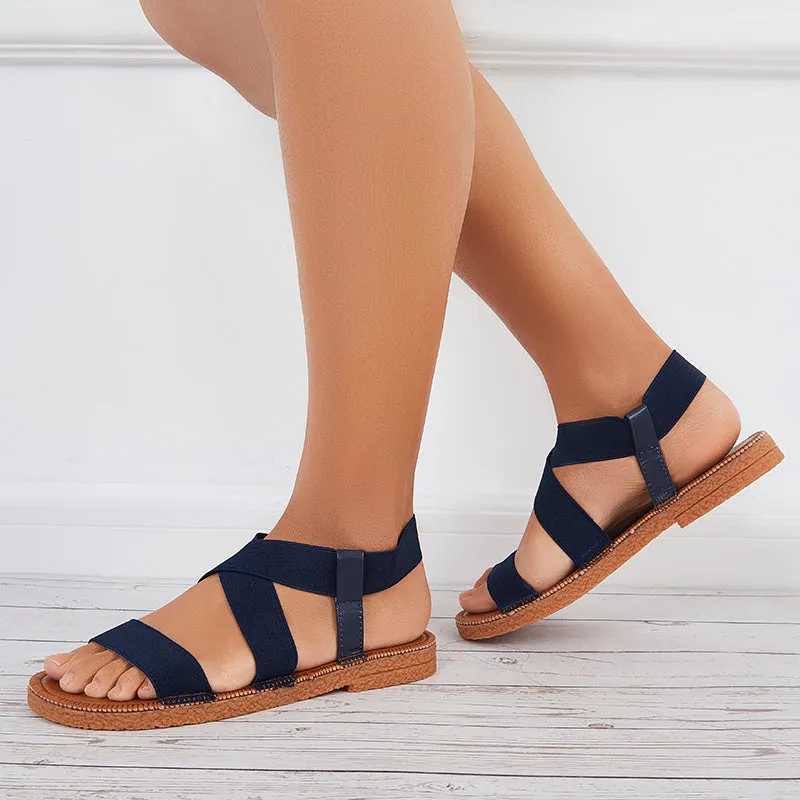 Sohiwoo Women Women Wide Elastic Ankle Strap Flat Sandals Criss Cross Strappy Sandals
