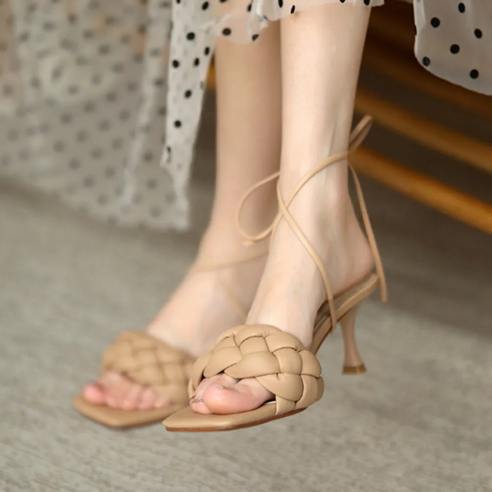 SQUARE TOE BLOCK HEEL WOVEN SLIPPER SANDALS