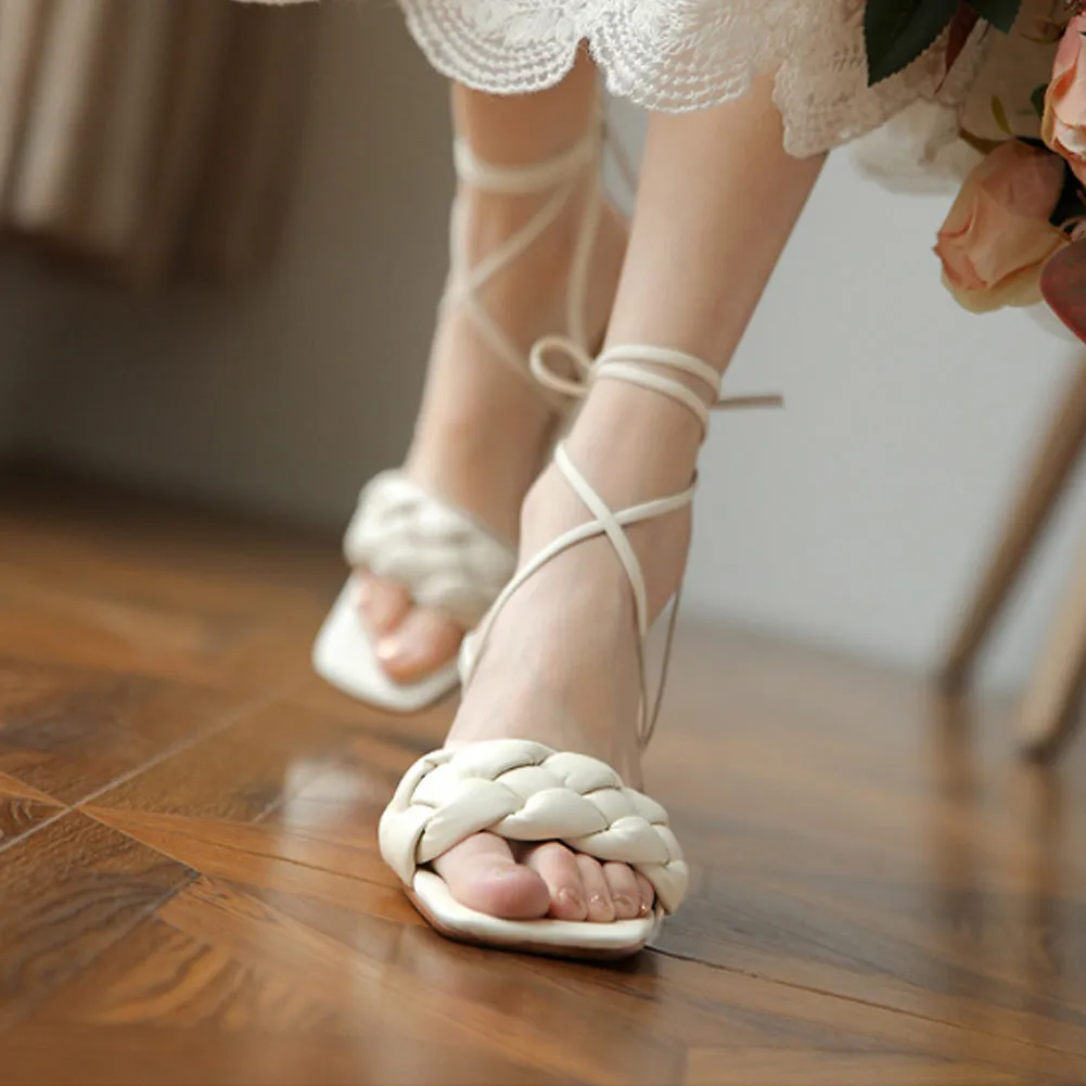 SQUARE TOE BLOCK HEEL WOVEN SLIPPER SANDALS