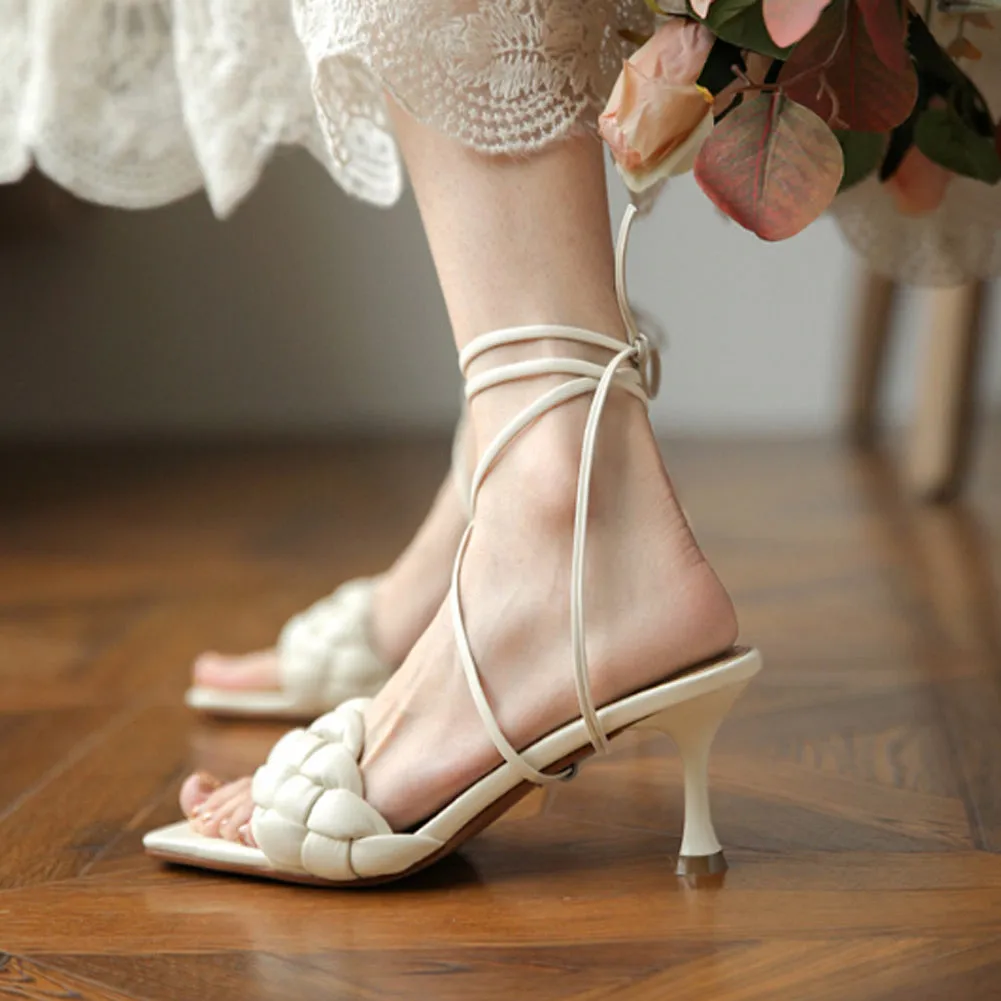 SQUARE TOE BLOCK HEEL WOVEN SLIPPER SANDALS