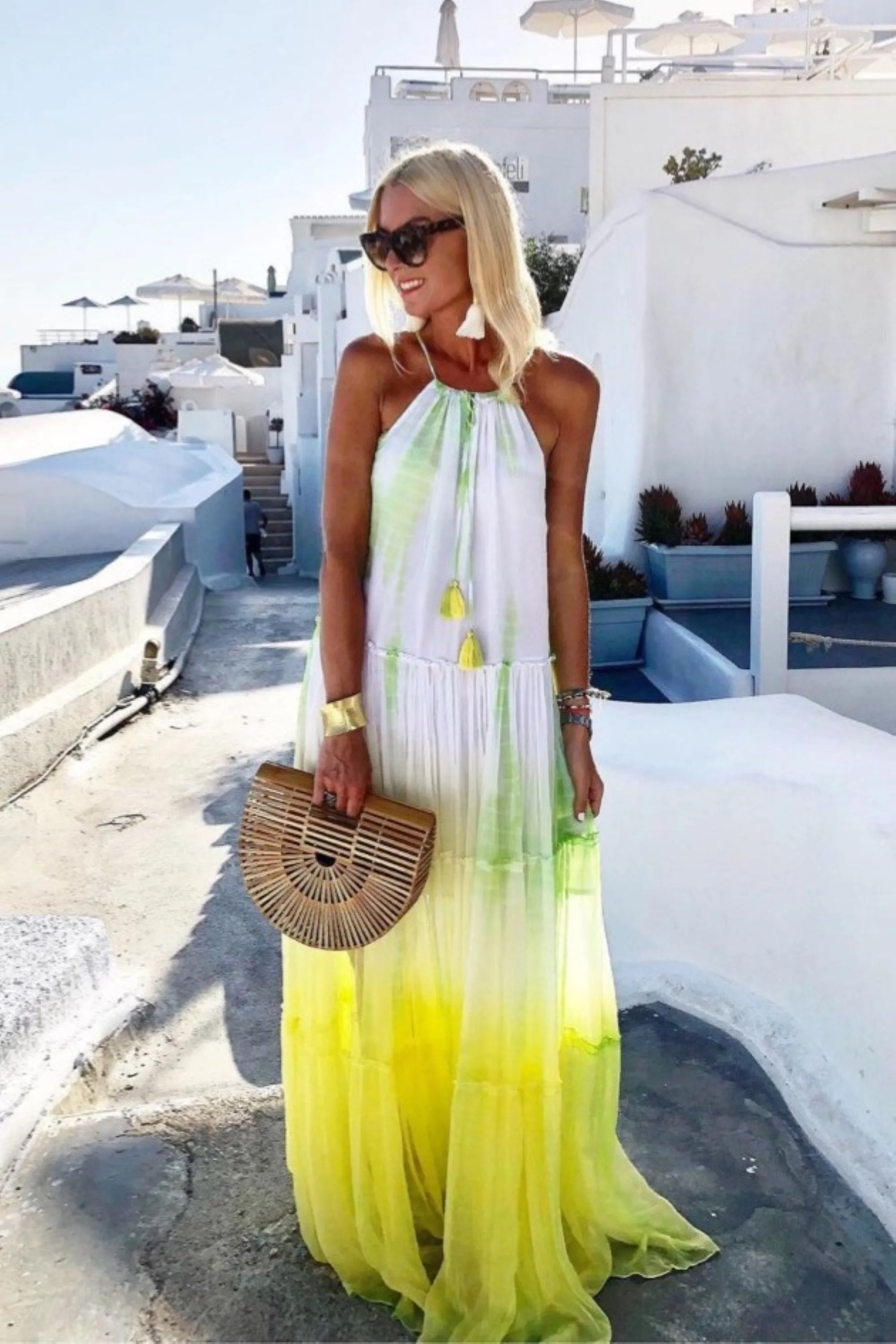 Yellow White Santorini Silk Maxi Dress
