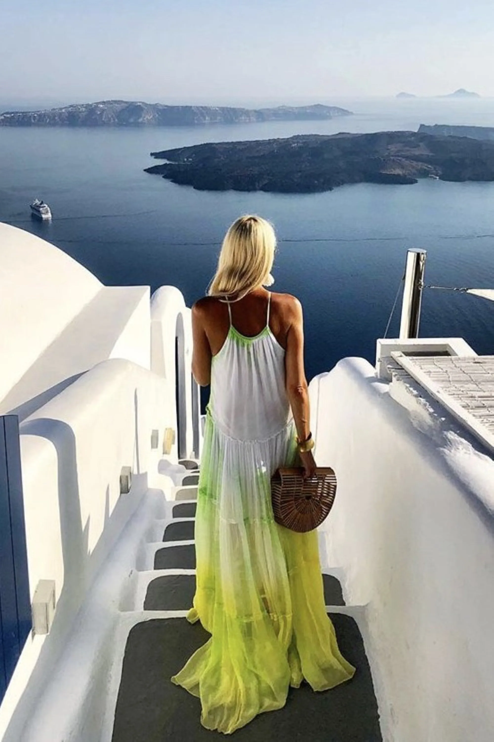 Yellow White Santorini Silk Maxi Dress
