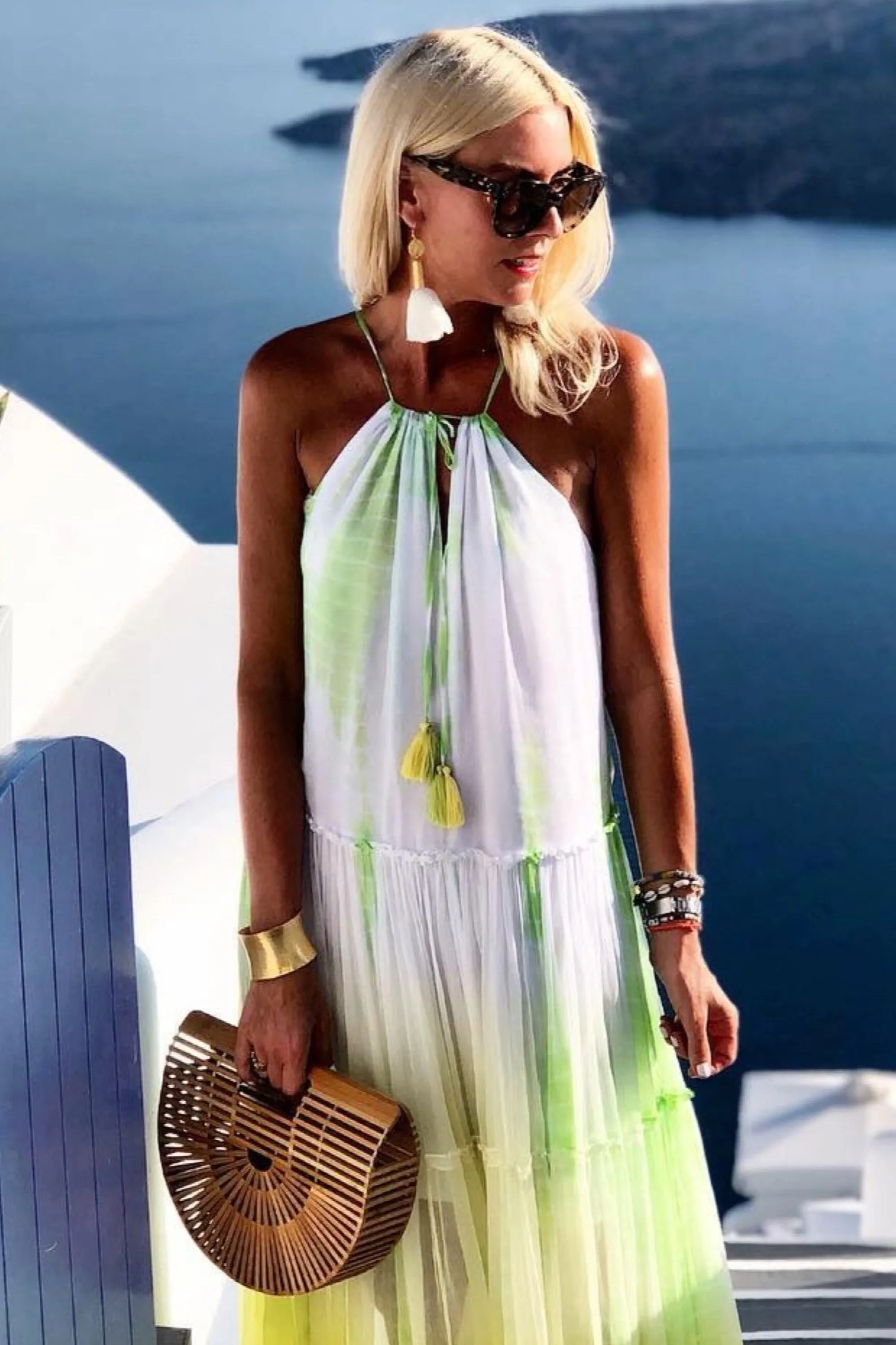 Yellow White Santorini Silk Maxi Dress