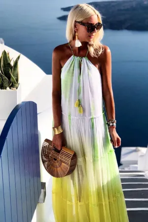 Yellow White Santorini Silk Maxi Dress