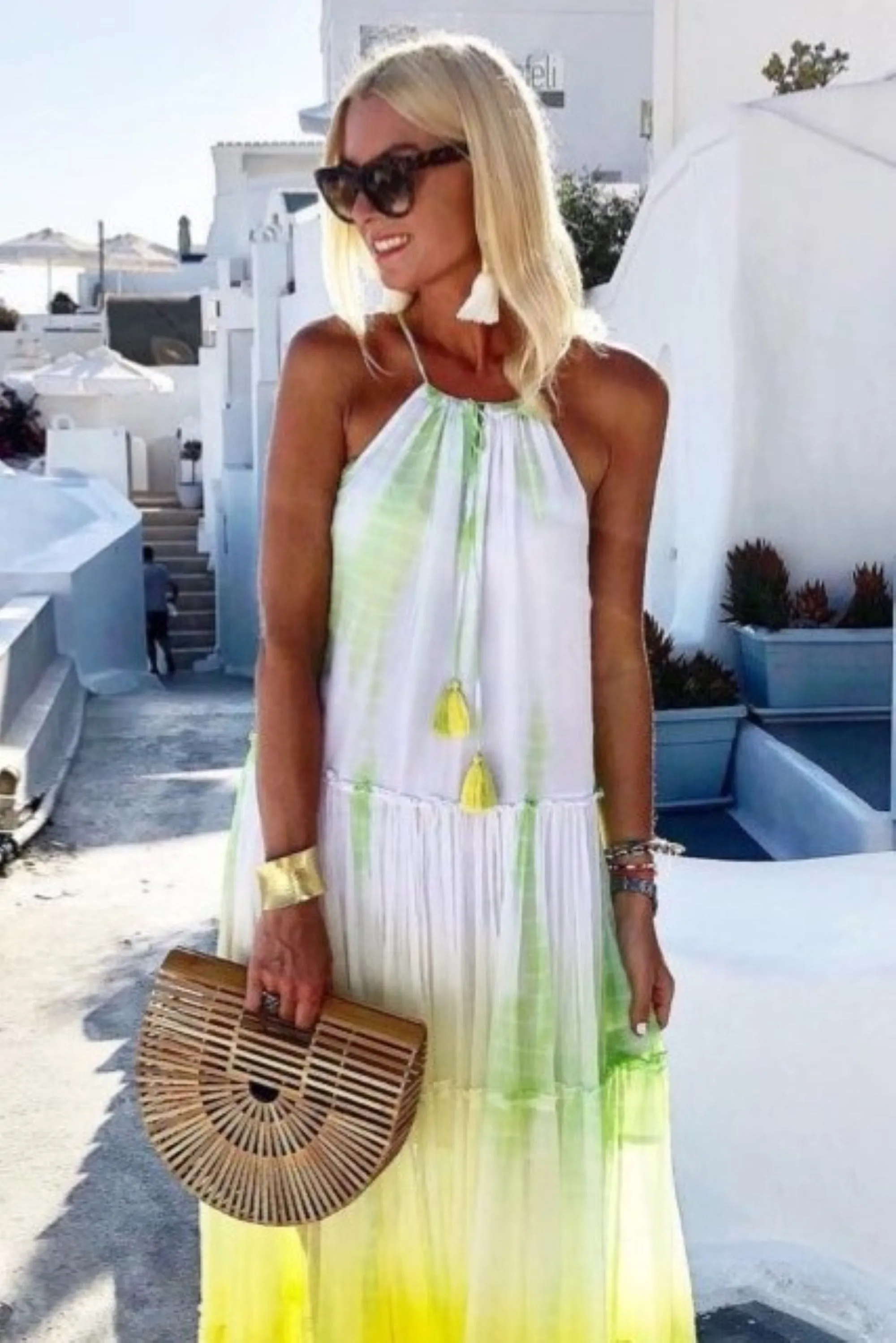 Yellow White Santorini Silk Maxi Dress