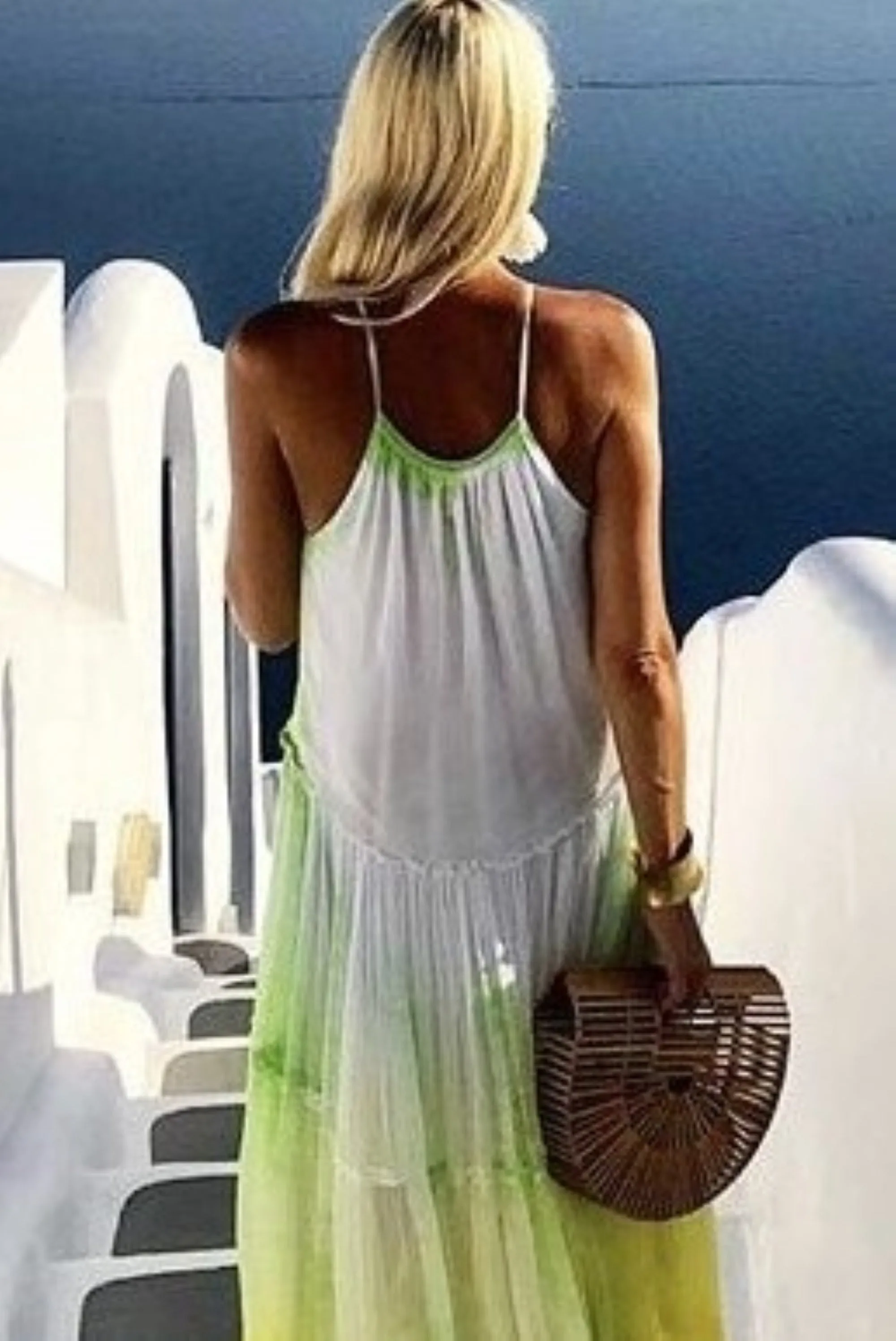 Yellow White Santorini Silk Maxi Dress