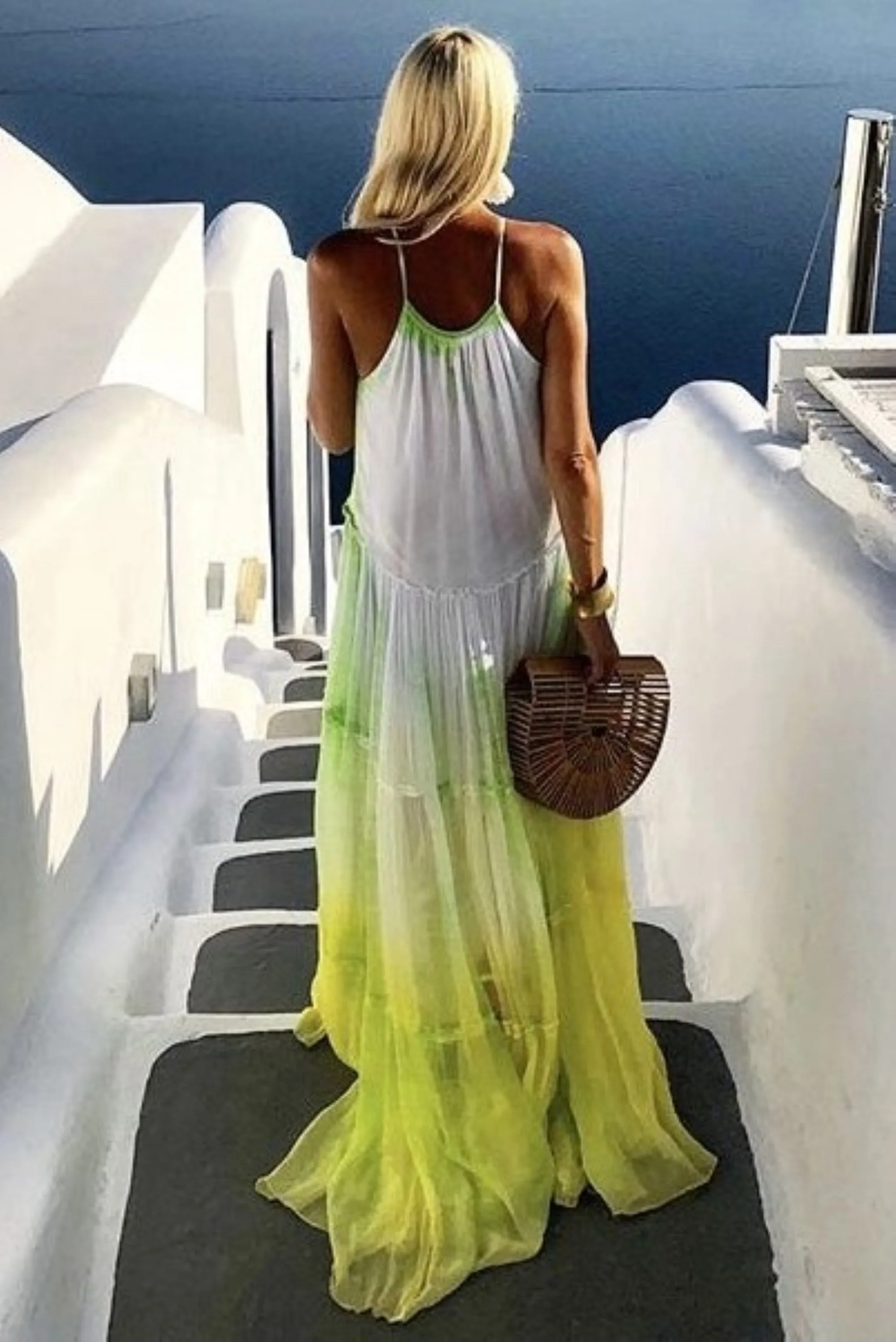 Yellow White Santorini Silk Maxi Dress